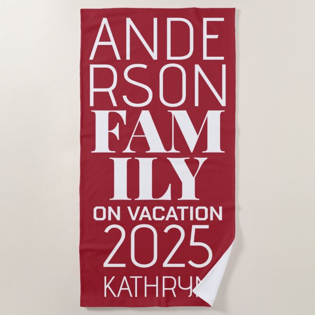 Oversized Letters Family Name Red Beach Towel (Front)