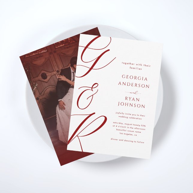 Oversized Script Monogram Red Faded Photo Wedding Invitation (Creator Uploaded)