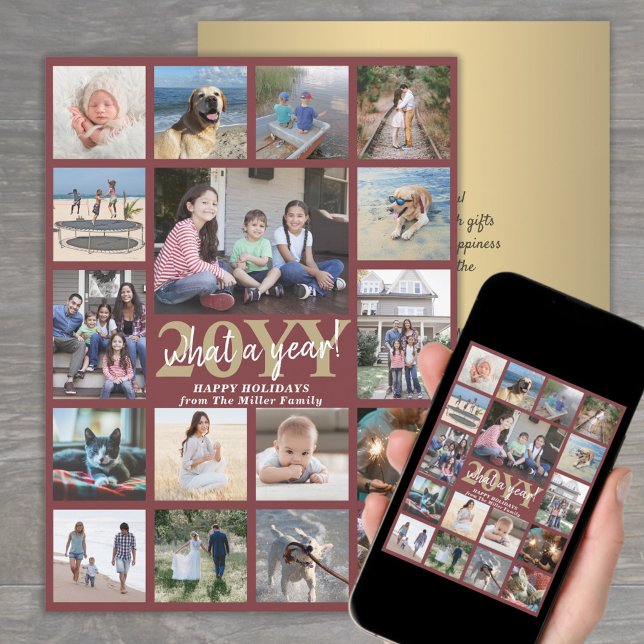 Oversized What a Year Photo Collage Burgundy Gold Holiday Card (Creator Uploaded)