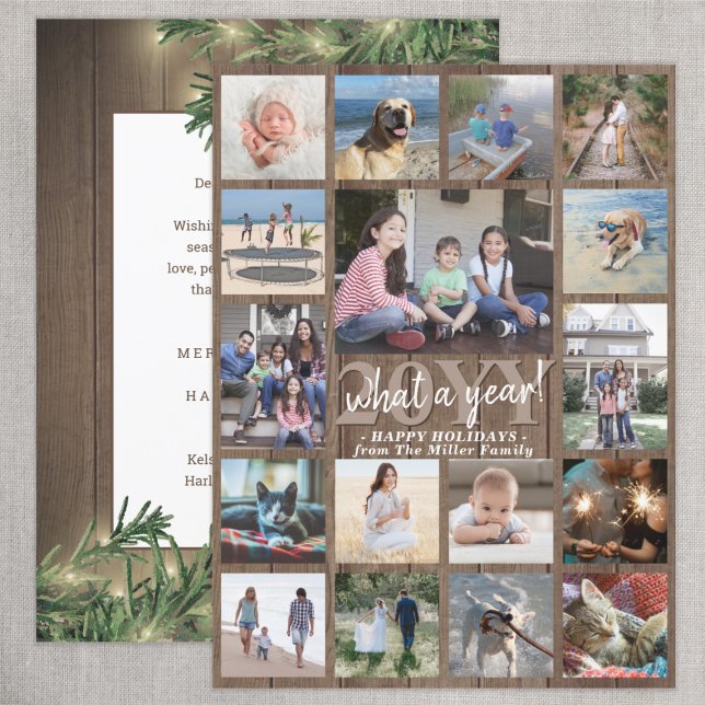 Oversized What a Year! Photo Collage Wood & Lights Holiday Card (Creator Uploaded)