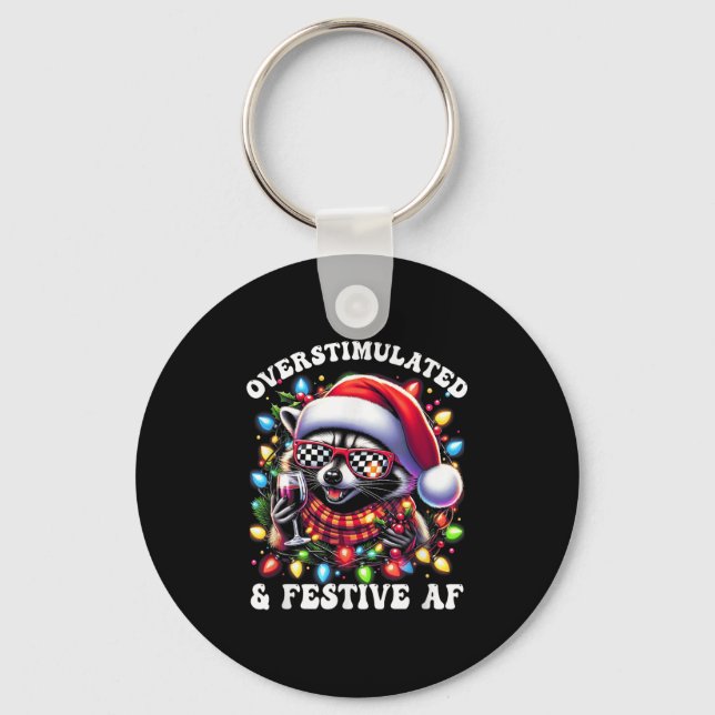 Overstimulated And Festive Af Feral Racoon Lights Key Ring (Front)