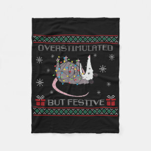 Overstimulated But Festive Opossum Ugly Sweater Ch Fleece Blanket
