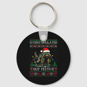 Overstimulated But Festive Raccoon Christmas Pajam Key Ring