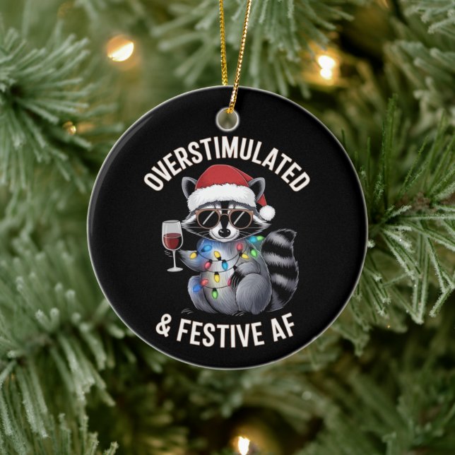 Overstimulated & Festive AF Racoon Espresso Lover Ceramic Ornament (Tree)