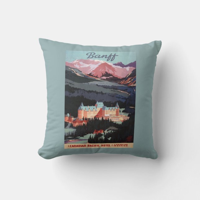 Overview of the Banff Springs Hotel Poster Cushion (Front)