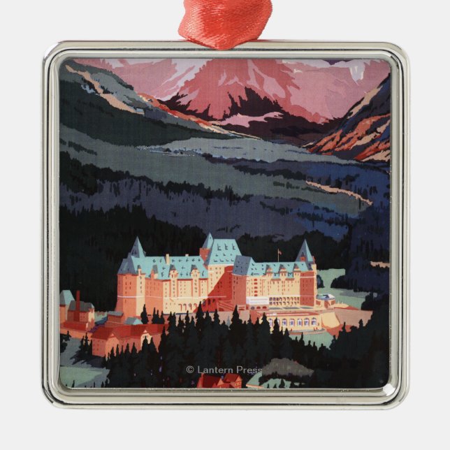 Overview of the Banff Springs Hotel Poster Metal Ornament (Front)