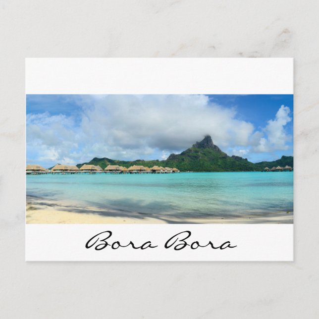 Overwater resort on Bora Bora pano text postcard (Front)