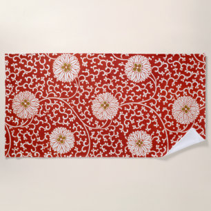 Owen Jones Chinese Ornament Red White Floral Beach Towel