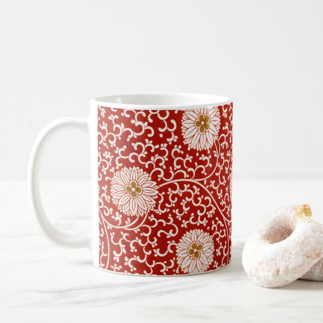 Owen Jones Chinese Ornament Red White Floral Coffee Mug (With Donut)