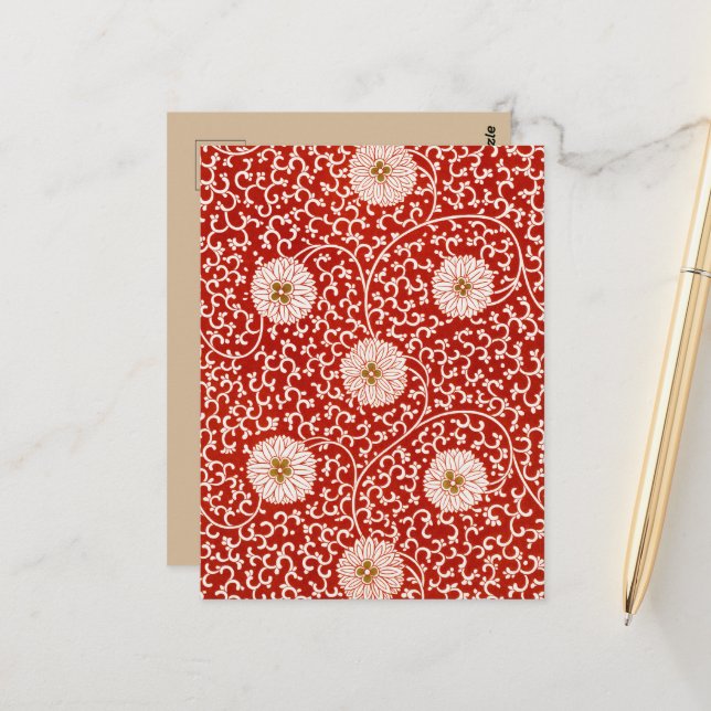 Owen Jones Chinese Ornament Red White Floral Postcard (Front/Back In Situ)