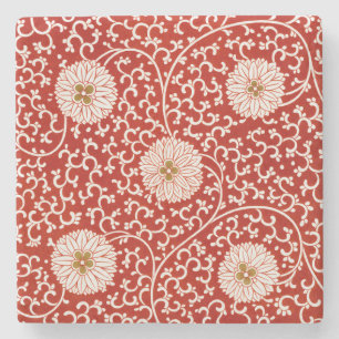 Owen Jones Chinese Ornament Red White Floral Stone Coaster