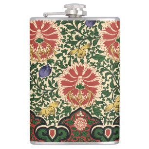 Owen Jones Chinoiserie Red Lotus Floral Art Design Hip Flask