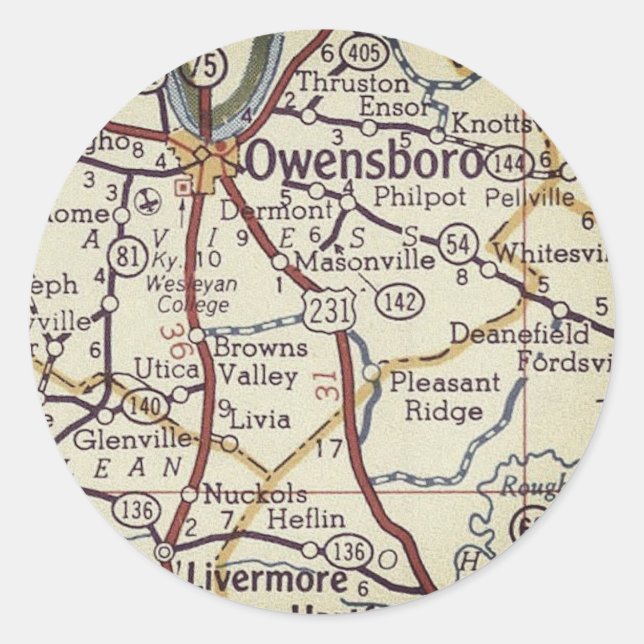 Owensboro Kentucky Vintage Map Classic Round Sticker (Front)