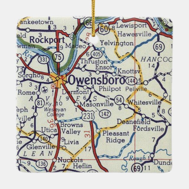 Owensboro KY Vintage Map Ceramic Ornament (Back)