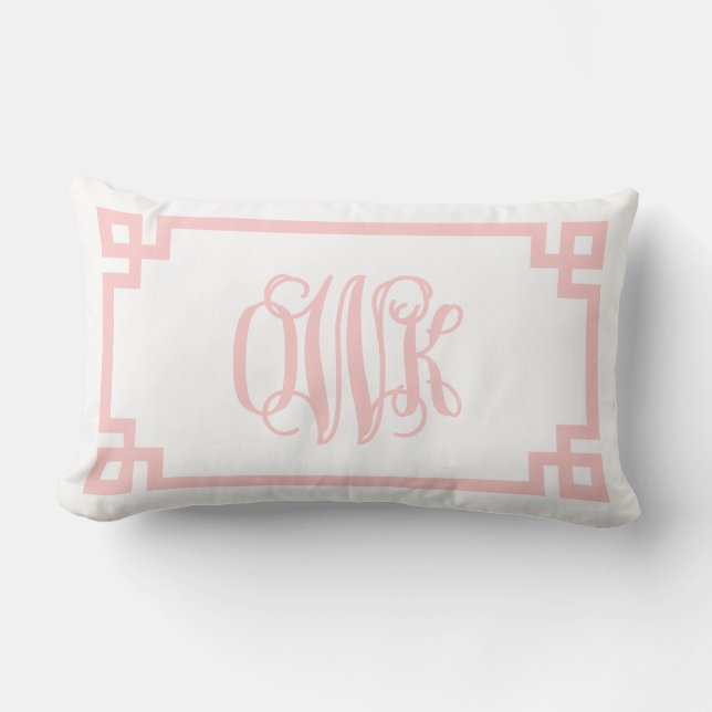 OWK Light Pink Greek Key Script Monogram Lumbar Cushion (Front)