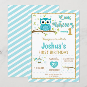 Owl 1st Birthday Invitation Boy Turquoise and Gold