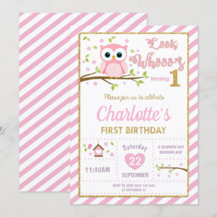 Owl 1st Birthday Invitation Girl Pink and Gold