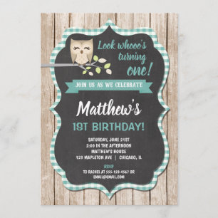 Owl 1st birthday invitations boy woodland birthday
