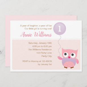 Owl 1st Birthday Invitations (Girls) with Balloon