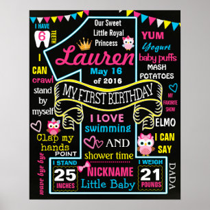 Owl 1st Birthday Party Chalkboard Sign poster