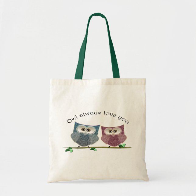 Owl always Love You, Pink and Blue Cute Owls Art Tote Bag (Front)