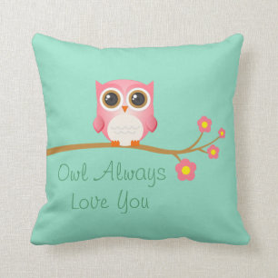 Owl Always Love You Pink Owl On Seafoam Pillow