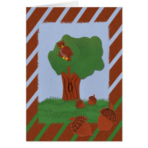 Owl and an Oak Tree Whimsical Cartoon Art