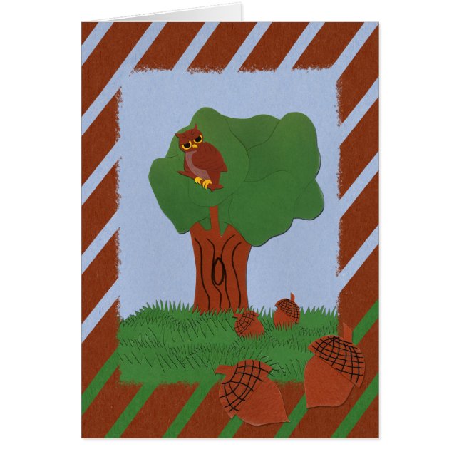 Owl and an Oak Tree Whimsical Cartoon Art (Front)