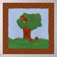 Owl and an Oak Tree Whimsical Cartoon Art