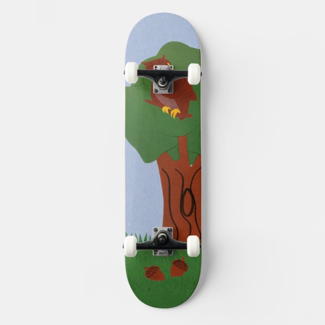 Owl and an Oak Tree Whimsical Cartoon Art Skateboard (Front)
