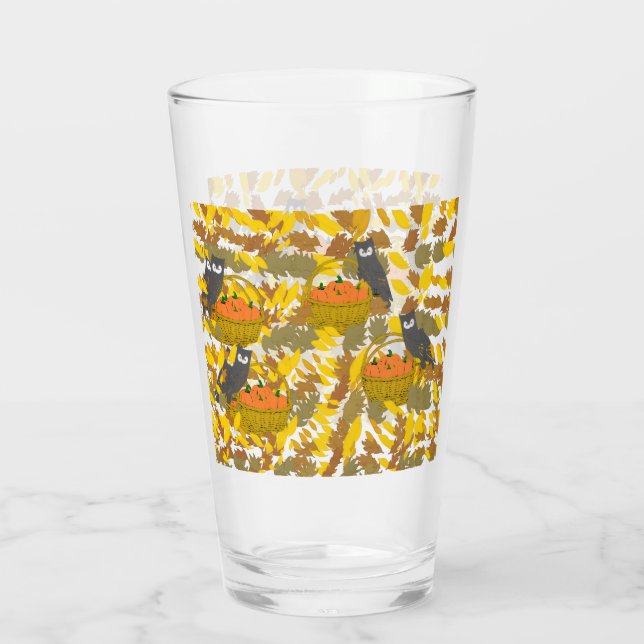 Owl and Autumn Pumpkins Pint Glass (Back)