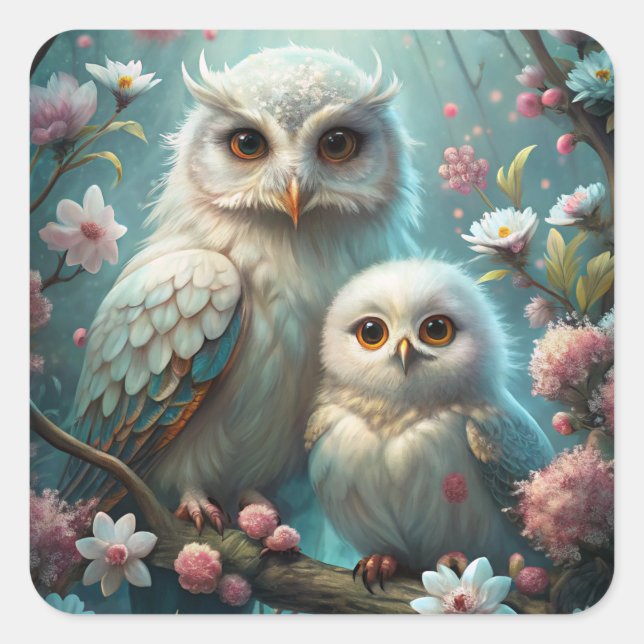 Owl and Baby Square Sticker (Front)