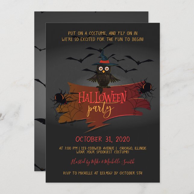 Owl and Bats Halloween Party Invitation (Front/Back)