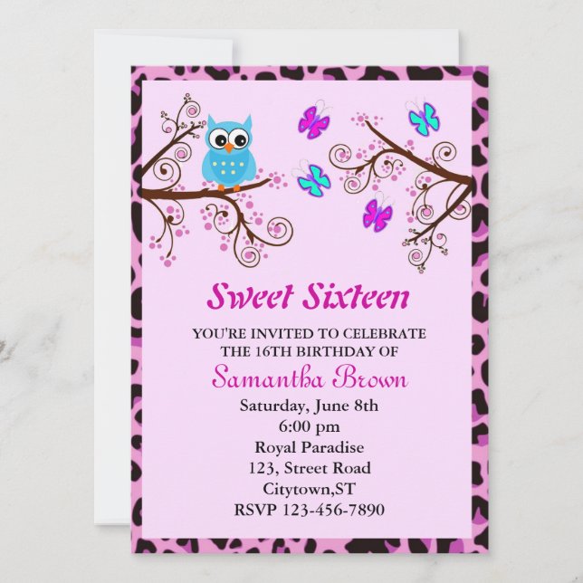 Owl and Butterflies Sweet Sixteen Invitation (Front)