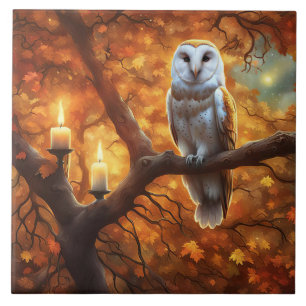 Owl and Candles Mystical Fall Colours Ceramic Tile