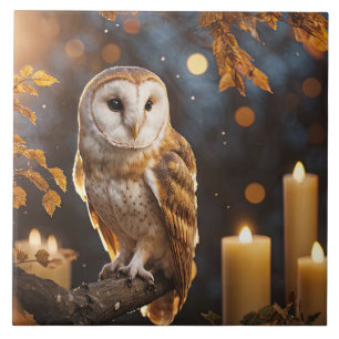 Owl and Candles Mystical Magical Autumn Ceramic Tile
