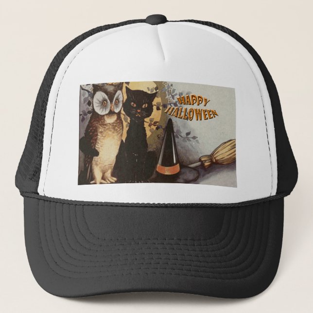 Owl and Cat Halloween Trucker Hat (Front)