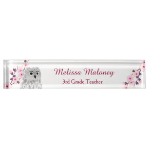 Owl And Cherry Blossom Pink White Teacher Nameplate