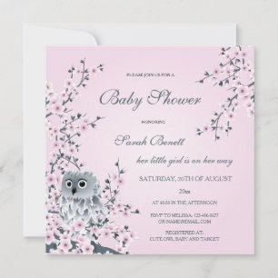 Owl And Cherry Blossoms Baby Shower Invitation