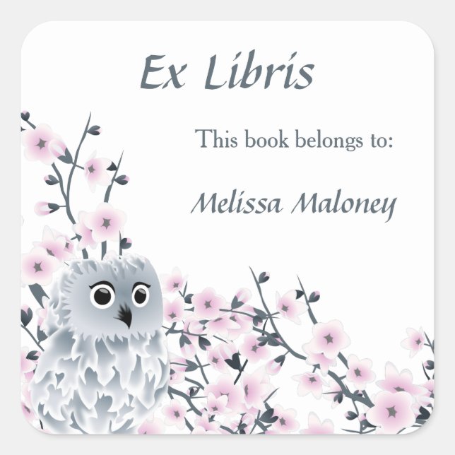 Owl And Cherry Blossoms Ex Libris Bookplate Square Sticker (Front)