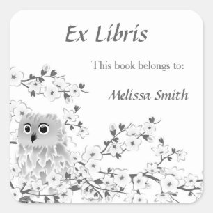 Owl And Cherry Blossoms Ex Libris Bookplate Square Sticker