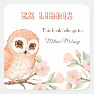 Owl And Cherry Blossoms Ex Libris Bookplate Square Sticker