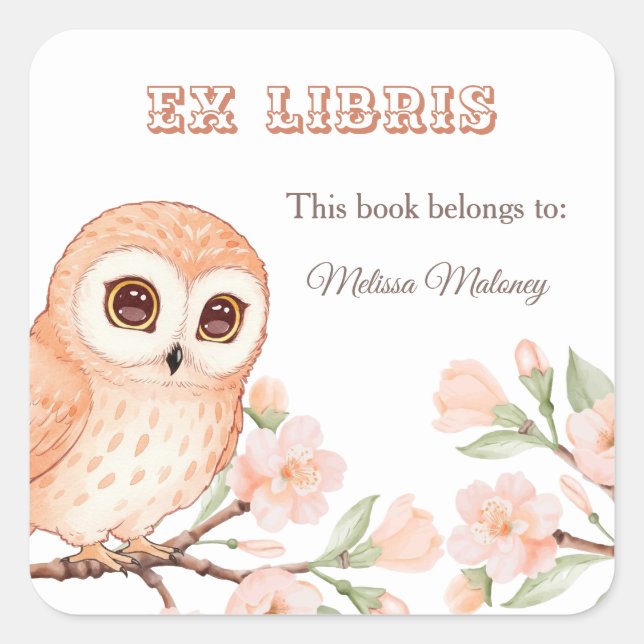 Owl And Cherry Blossoms Ex Libris Bookplate Square Sticker (Front)