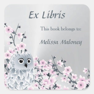 Owl And Cherry Blossoms Ex Libris Custom Square Sticker