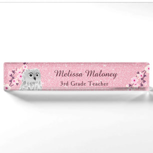 Owl And Cherry Blossoms Pink Glitter Nameplate