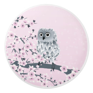 Owl And Cherry Blossoms Pink Grey Ceramic Knob