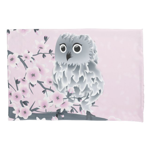 Owl And Cherry Blossoms Pink Grey Pillowcase (Front)