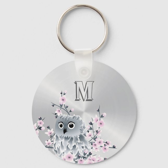 Owl And Cherry Blossoms Pink Silver Key Ring (Front)
