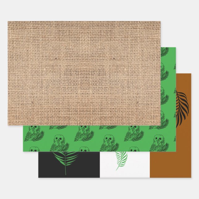 Owl and Fern Wrapping Paper Flat Sheet Set of 3 (Set)