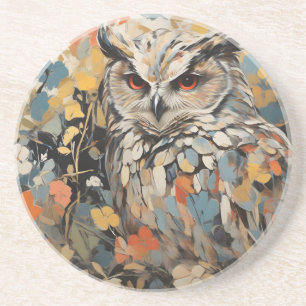 Owl and Flowers In Spring Painting Coaster